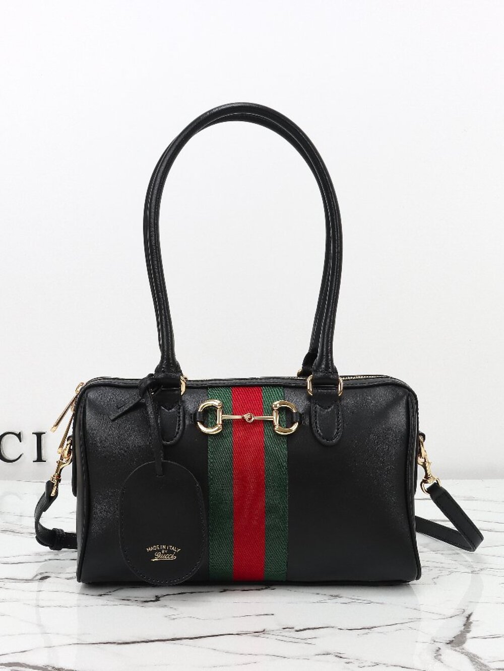 GUCCI Borsetto Boston Bag with Gold Hardware Leather Shoulder Bag